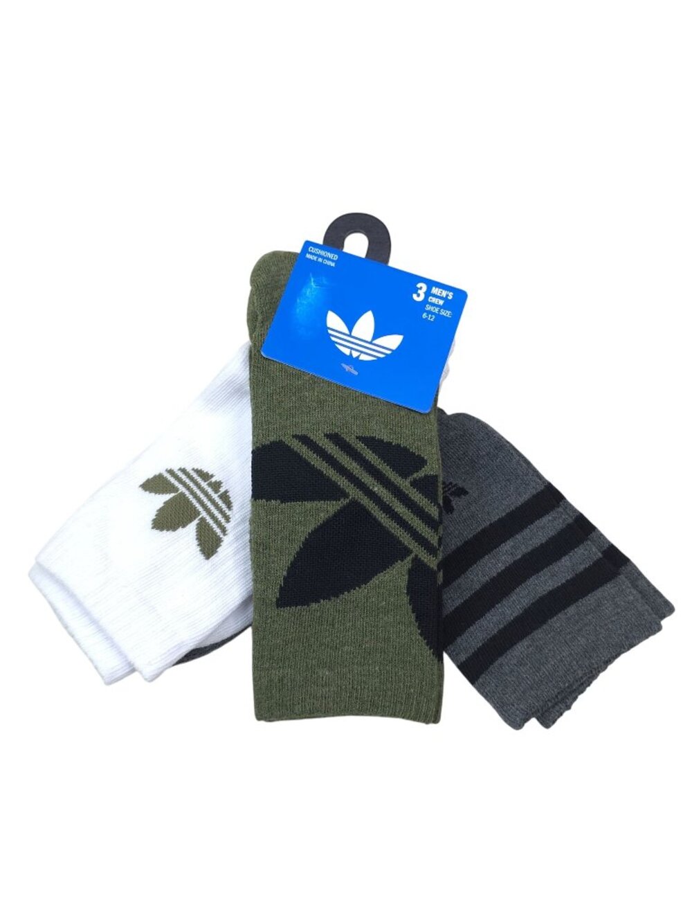 Adidas Mens 3-Pack Cushioned Crew Socks Olive Strata Green/White/Heather Grey